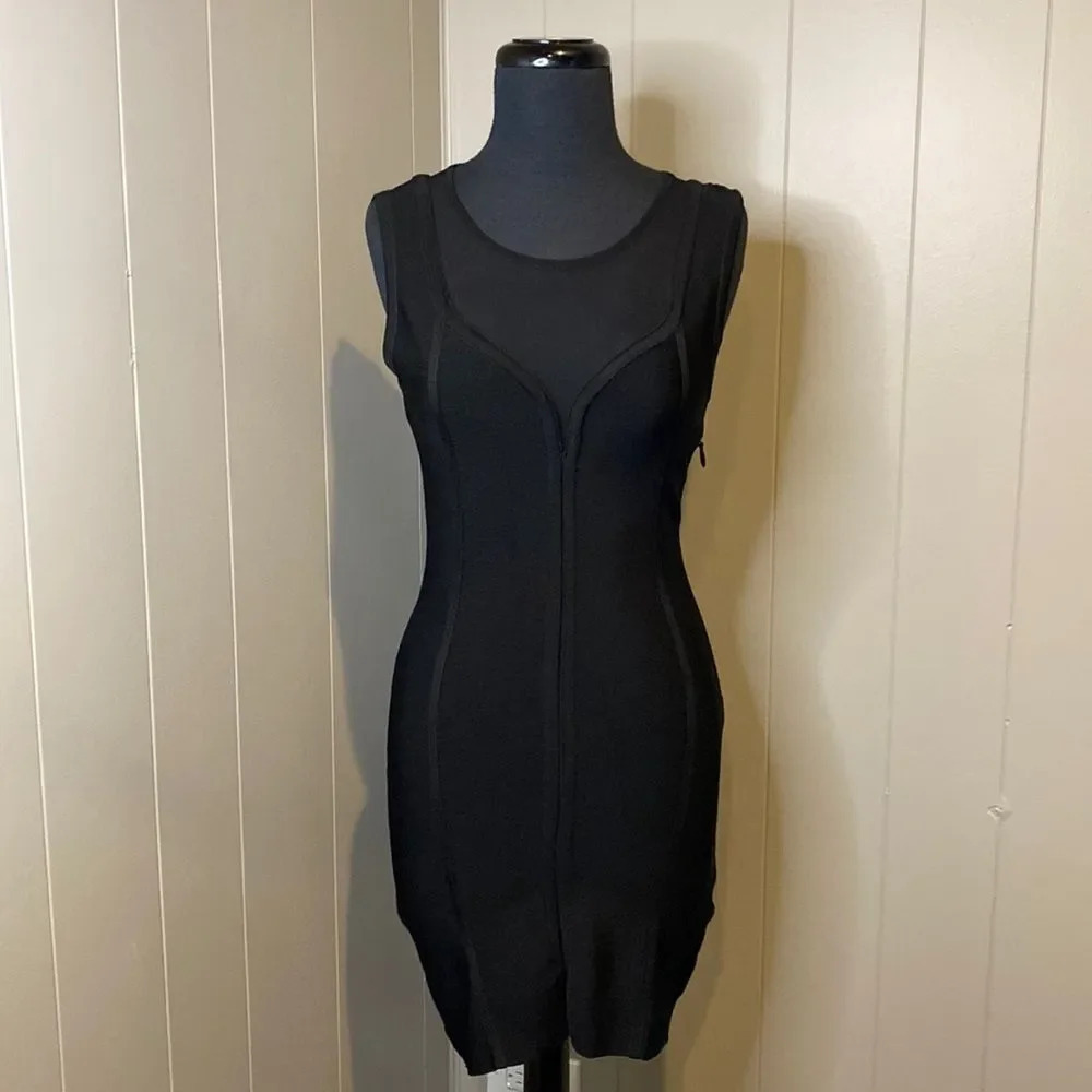 Bebe Small Mini Cocktail Dress Crewneck Mesh Chest Lining Side Zipper Banding